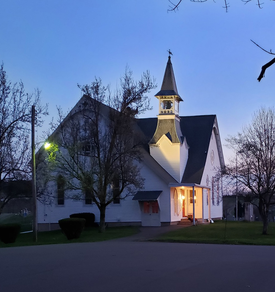 Image of St. James UCC Church at dusk